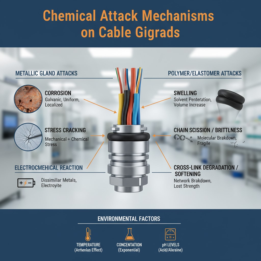 Илустративни дијаграм приказује кабловску спојницу у центру, окружену визуелним приказима и текстуалним описима различитих механизама хемијског напада на металне и полимерне компоненте, укључујући корозију, пукотине изазване напрезањем, отицање и деградацију материјала, са факторима окружења као што су температура, концентрација и pH вредности приказаним на дну.