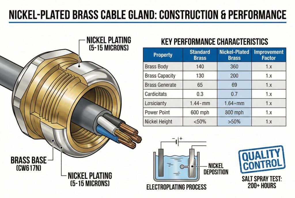 A technical illustration titled "NICKEL-PLATED BRASS CABLE GLAND: CONSTRUCTION & PERFORMANCE". On the left, a cross-section showing a cable gland with labels for "BRASS BASE (CW617N)" and "NICKEL PLATING (5-15 MICRONS)". On the right, a table compares performance properties between "Standard Brass" and "Nickel-Plated Brass", along with a diagram of the electroplating process and a "QUALITY CONTROL" stamp indicating a "SALT SPRAY TEST: 200+ HOURS".