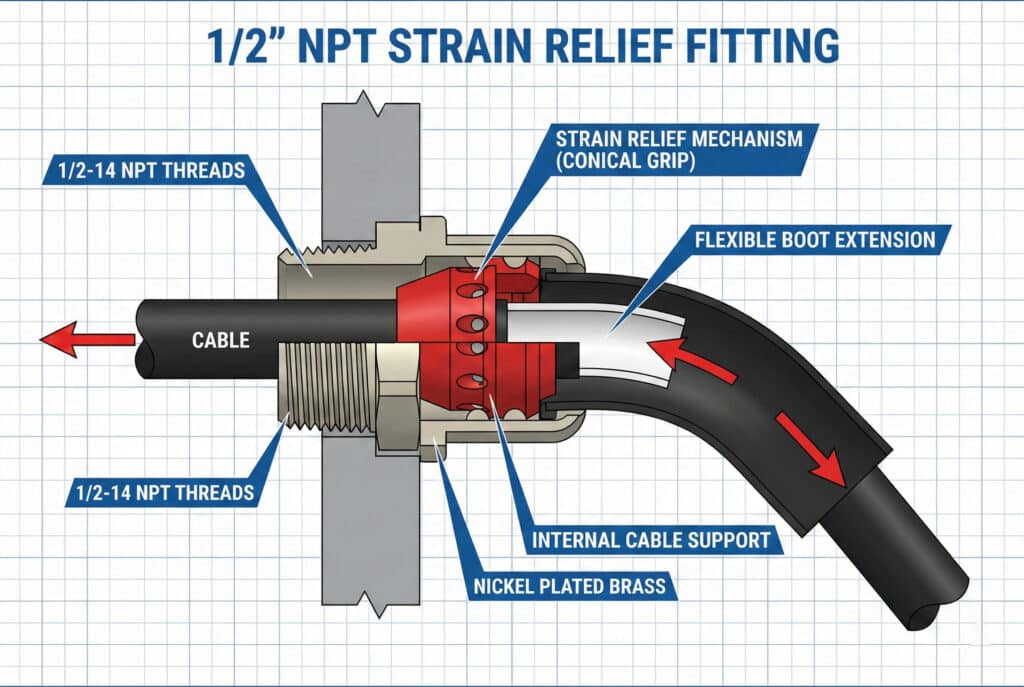 A technical cross-section diagram of a 1/2" NPT strain relief fitting. It illustrates the fitting, labeled "1/2-14 NPT THREADS", screwed into a panel. Inside, a red "STRAIN RELIEF MECHANISM (CONICAL GRIP)" and a white "INTERNAL CABLE SUPPORT" are shown within a black "FLEXIBLE BOOT EXTENSION." Red arrows indicate how the mechanism distributes pulling force along the cable, protecting it from stress. All components are clearly labeled in English on a blueprint-style background.
