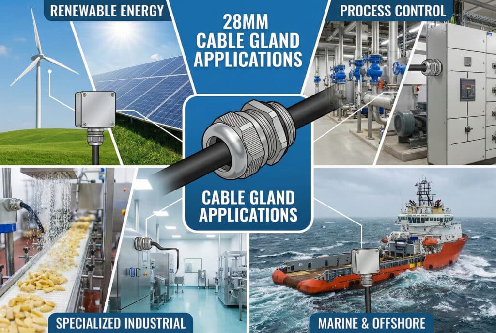 An infographic collage titled '28MM CABLE GLAND APPLICATIONS' is centered with a detailed illustration of a metal cable gland. Four surrounding panels illustrate its primary uses: 'RENEWABLE ENERGY' with wind turbines and solar panels; 'PROCESS CONTROL' showing an industrial plant; 'MARINE & OFFSHORE' with a ship at sea; and 'SPECIALIZED INDUSTRIAL' featuring food processing and a clean room.
