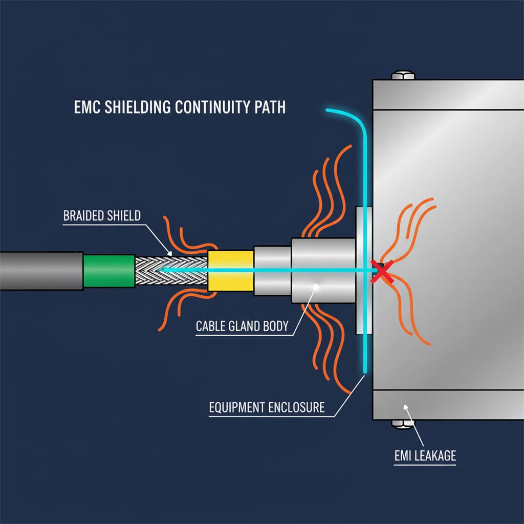 Диаграмма поперечного сечения, иллюстрирующая непрерывный путь ЭМС-экранирования кабеля, подключенного к корпусу оборудования через кабельный ввод. На схеме показано, что "BRAIDED SHIELD" кабеля, "CABLE GLAND BODY" и "EQUIPMENT ENCLOSURE" образуют непрерывный проводящий путь (синяя линия) для отвода электромагнитных помех. Красные и оранжевые волнистые линии указывают на "EMI LEAKAGE", где непрерывность не полностью установлена, выделяя потенциальные точки отказа.