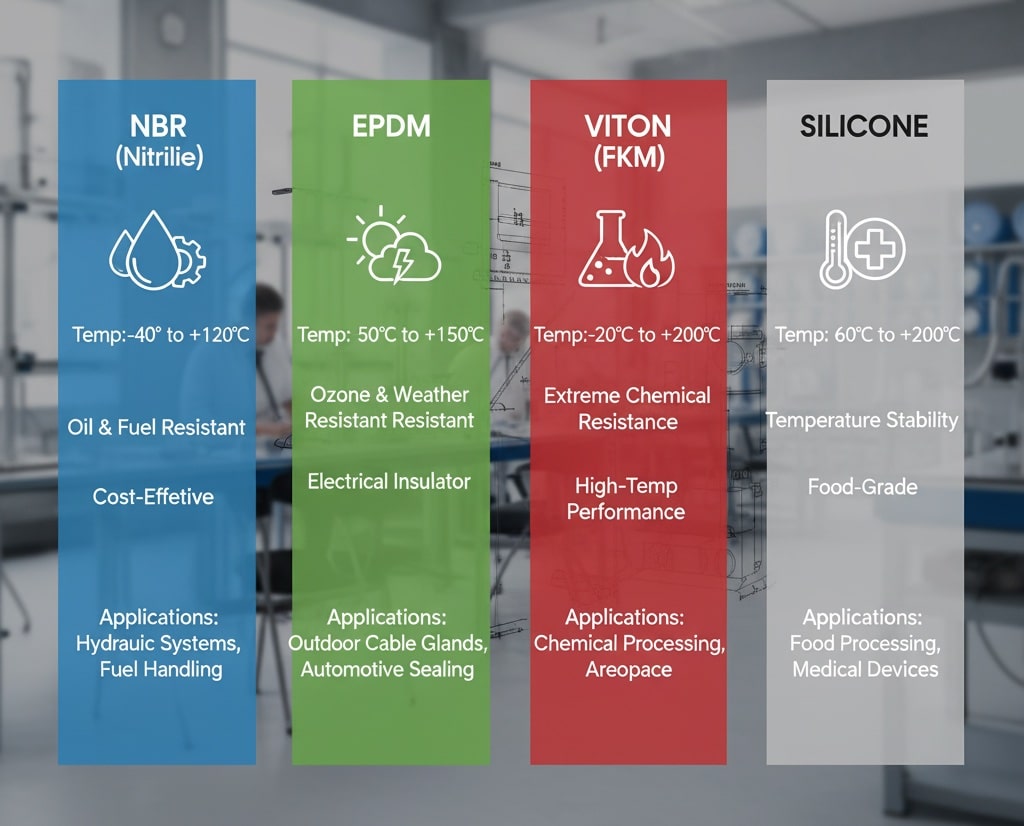 Un cuadro comparativo que detalla cuatro tipos de materiales de juntas elastoméricas: NBR (nitrilo), EPDM, Viton (FKM) y silicona. Cada columna destaca su rango de temperatura, propiedades clave y mejores aplicaciones, sobre un fondo industrial difuminado.