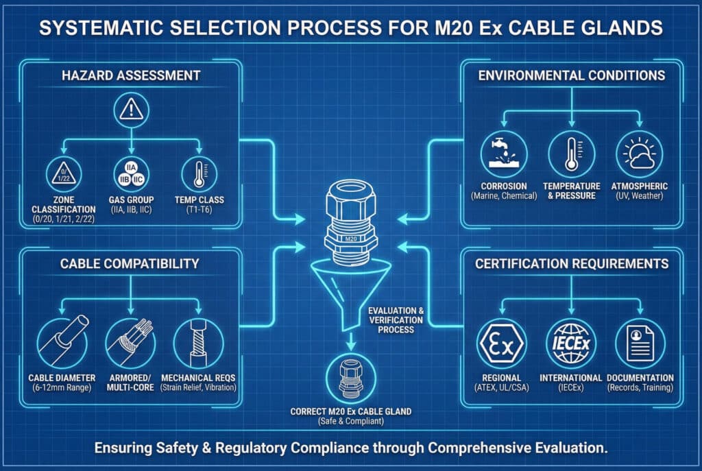 Infografis teknis berjudul "PROSES SELEKSI SISTEMATIS UNTUK M20 Ex CABLE GLANDS." Infografis ini menampilkan empat panel utama: "PENILAIAN BAHAYA" (mencakup Klasifikasi Zona, Kelompok Gas, Kelas Suhu), "KOMPATIBILITAS KABEL" (mencakup Diameter Kabel, Kabel Berlapis Baja/Multi-inti, Persyaratan Mekanis), "KONDISI LINGKUNGAN" (termasuk Korosi, Suhu & Tekanan, Faktor Atmosfer), dan "PERSYARATAN SERTIFIKASI" (menampilkan Sertifikasi Regional Ex, IECEx Internasional, dan Kebutuhan Dokumen). Panah dari panel-panel ini berkumpul ke dalam corong pusat yang berlabel "PROSES EVALUASI & VERIFIKASI," yang mengarah ke ikon akhir "KABEL GLAND M20 Ex YANG BENAR (Aman & Sesuai)." Subjudul di bagian bawah berbunyi, "Menjamin Keselamatan & Kepatuhan Regulasi melalui Evaluasi Komprehensif."