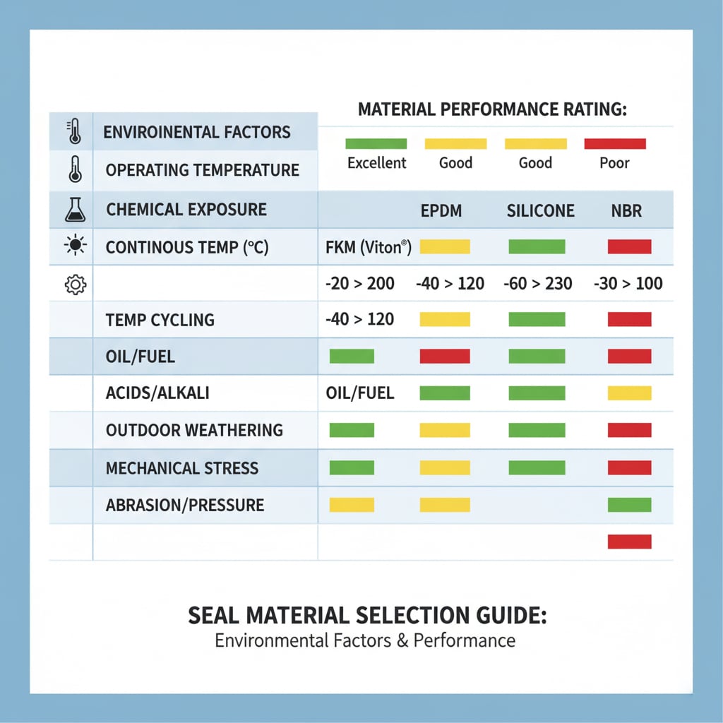 A clear and concise chart evaluating different seal materials (EPDM, Silicone, NBR) against various environmental factors such as operating temperature, chemical exposure, UV radiation, ozone, and mechanical stress. The chart uses a color-coded rating system (green for excellent, yellow for good, red for poor) to indicate material performance, providing a quick reference guide for seal material selection based on environmental conditions.