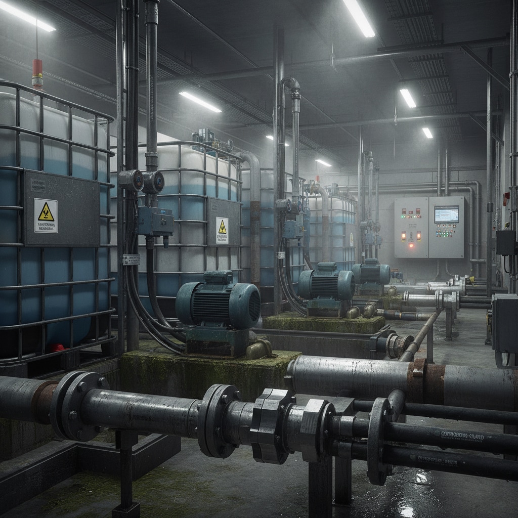 صف من خزانات صناعية كبيرة مملوءة بسائل أزرق، إلى جانب محركات كهربائية ومضخات وأنابيب واسعة في منشأة معالجة مياه الصرف الصحي الرطبة ذات الإضاءة الخافتة. يؤكد المشهد على الظروف البيئية الصعبة التي تواجهها غدد الكابلات والتوصيلات الكهربائية بسبب التعرض للمواد الكيميائية والرطوبة والغازات المسببة للتآكل.