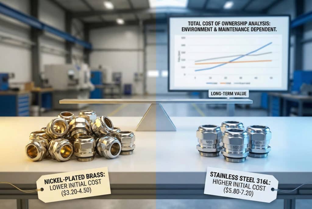 A split-screen photograph shows a balanced scale in a workshop. On the left, a pile of nickel-plated brass cable glands is labeled "LOWER INITIAL COST ($3.20-4.50)". On the right, fewer stainless steel glands are labeled "HIGHER INITIAL COST ($5.80-7.20)". In the background, a screen displays a graph titled "TOTAL COST OF OWNERSHIP ANALYSIS: ENVIRONMENT & MAINTENANCE DEPENDENT," with an arrow pointing to "LONG-TERM VALUE" on the stainless steel side.