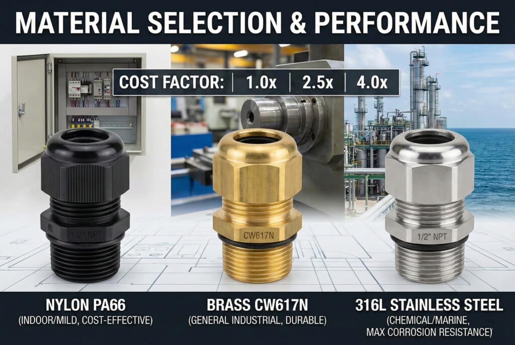 A comparative visual chart titled "MATERIAL SELECTION & PERFORMANCE" detailing three strain relief fittings. On the left, a black Nylon PA66 fitting is shown against an indoor control panel background, labeled "INDOOR/MILD, COST-EFFECTIVE" with a "1.0x" cost factor. In the center, a brass CW617N fitting is shown against industrial machinery, labeled "GENERAL INDUSTRIAL, DURABLE" with a "2.5x" cost factor. On the right, a 316L stainless steel fitting is shown against a chemical plant and ocean background, labeled "CHEMICAL/MARINE, MAX CORROSION RESISTANCE" with a "4.0x" cost factor.