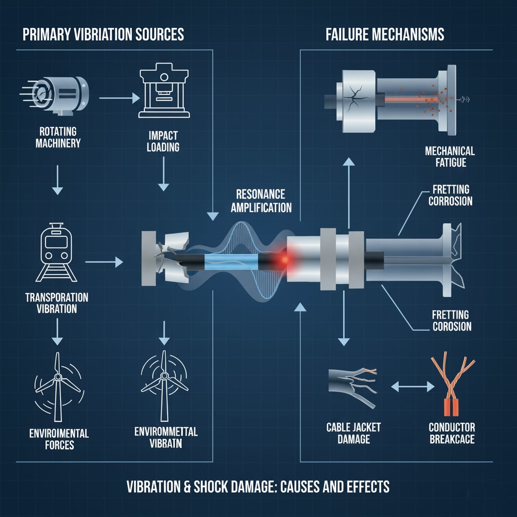 Динамическая инфографика, иллюстрирующая основные причины выхода из строя кабельных вводов из-за вибрации. Она показывает механизмы выхода из строя, такие как "МЕХАНИЧЕСКОЕ УСТАЛОСТЬ", "КОРОЗИЯ ОТ ТРЕНИЯ" и "ПРЕРЫВАНИЕ ПРОВОДНИКА", возникающие из-за источников, обозначенных как "ВРАЩАЮЩЕСЯ ОБОРУДОВАНИЕ" и "УДАРНАЯ НАГРУЗКА", демонстрируя основные причины повреждений в динамичных средах.