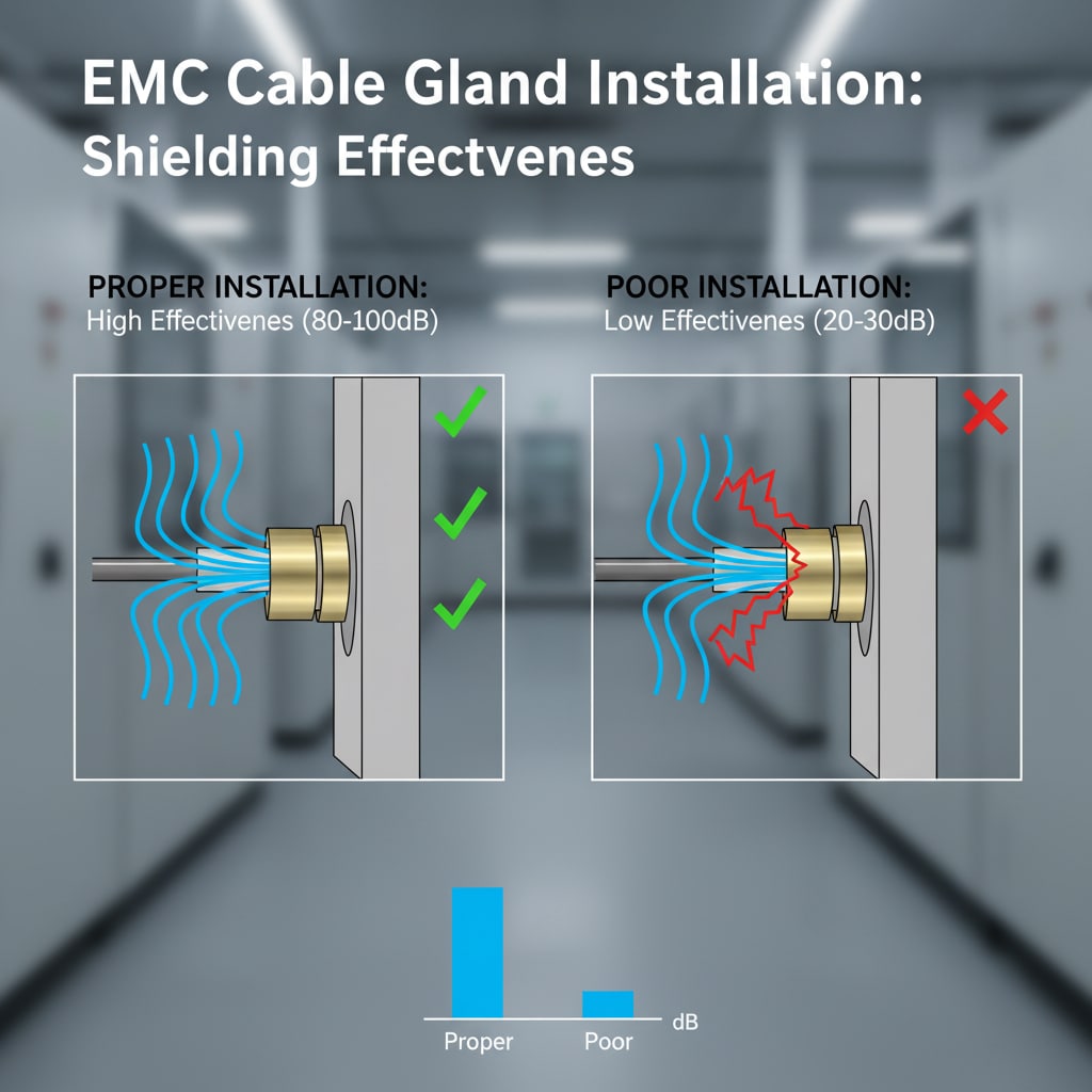 A comparative diagram illustrating proper vs. poor installation of an EMC cable gland. The "Proper Installation" side shows an efficiently grounded cable gland with blue electromagnetic field lines being successfully contained, indicating "High Effectiveness (80-100dB)." The "Poor Installation" side depicts a poorly grounded gland with red jagged lines escaping, indicating "Low Effectiveness (20-30dB)." A bar chart below visually compares the "dB" effectiveness of proper versus poor installation. All visible text is in English and correctly spelled.