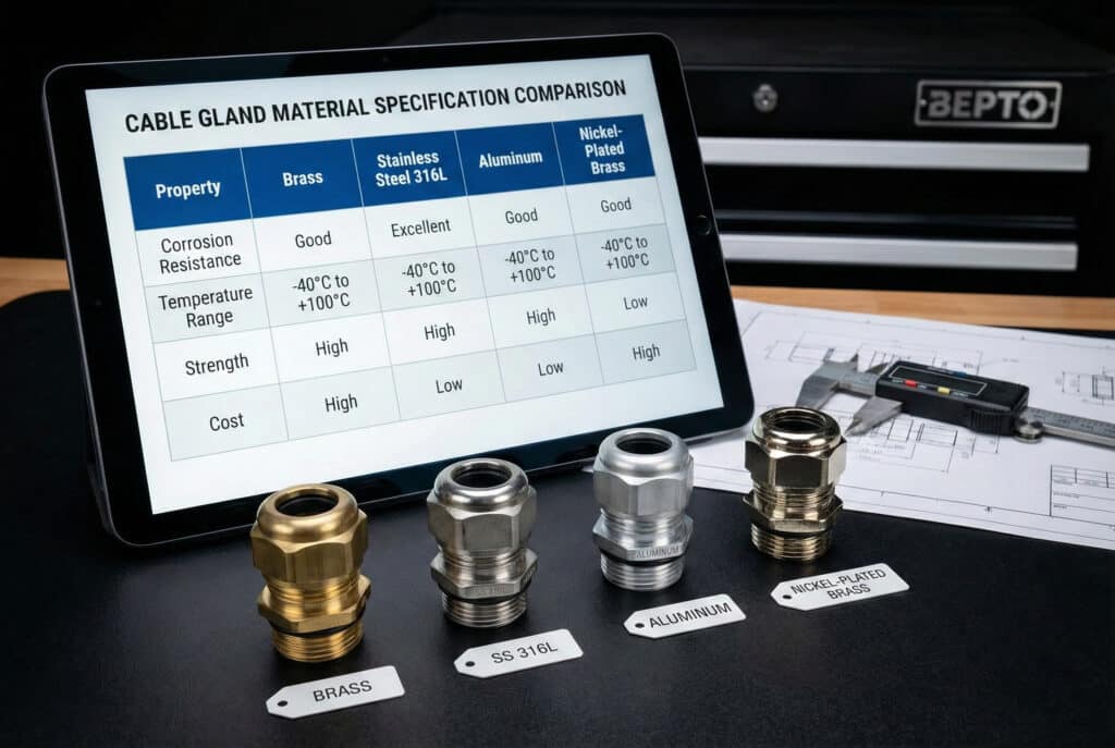 Un tablet su un banco da lavoro mostra una tabella intitolata "Confronto delle specifiche dei materiali dei pressacavi" che mette a confronto ottone, acciaio inossidabile 316L, alluminio e ottone nichelato in base a proprietà quali resistenza alla corrosione e intervallo di temperatura. In primo piano, quattro pressacavi fisici corrispondenti con etichette sono disposti in fila, con disegni tecnici e calibri sullo sfondo, sottolineando l'attenzione alle proprietà dei materiali piuttosto che alla terminologia.