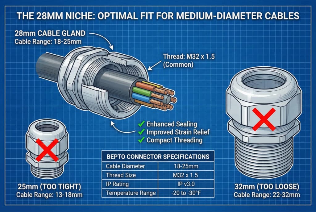 A technical blueprint infographic illustrating the niche for 28mm cable glands. A large 28mm cable gland is shown with a cable passing through, labeled "28mm CABLE GLAND, Cable Range: 18-25mm, Thread: M32 x 1.5". Below it are a "BEPTO CONNECTOR SPECIFICATIONS" table and two other glands: a small 25mm one marked with a red X (TOO TIGHT) and a large 32mm one marked with a red X (TOO LOOSE). The overall theme is "OPTIMAL FIT FOR MEDIUM-DIAMETER CABLES".