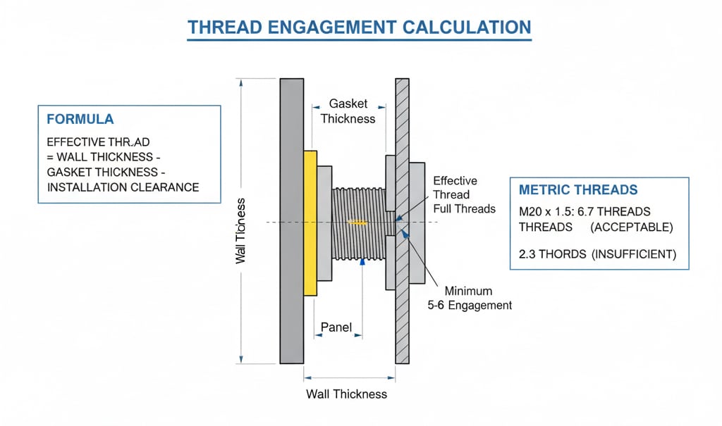 一幅技術示意圖，展示電纜接頭安裝的螺紋咬合計算原理。圖中呈現螺紋接頭穿過面板，與內部組件咬合的結構。 關鍵尺寸如「壁厚」、「墊片厚度」及「有效螺紋全旋轉圈數」均標示於圖中。圖示包含「有效螺紋咬合」計算公式，並以「公制螺紋」為例展示合格與不足的咬合值，附註說明「最低需達5-6圈咬合」。"