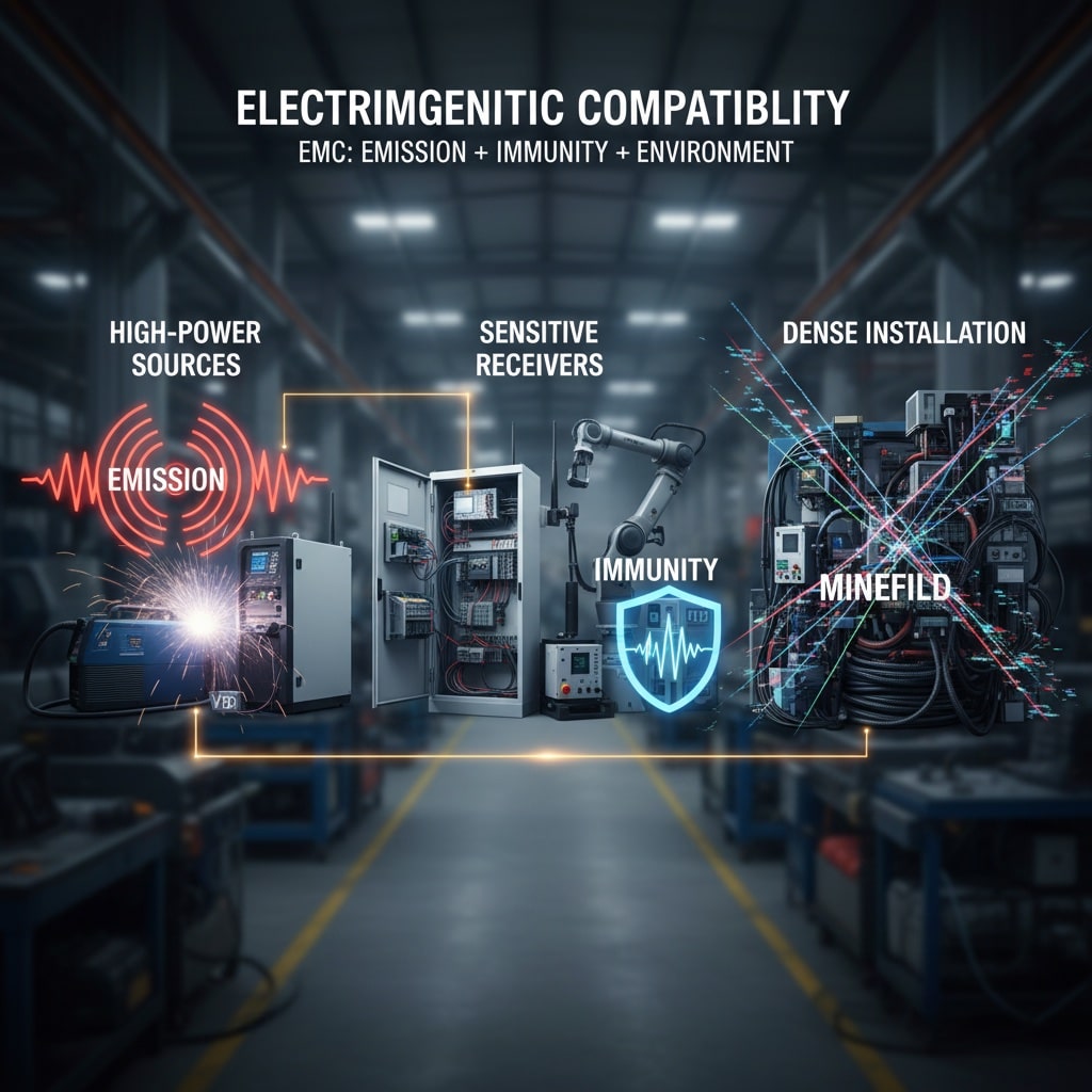 Um diagrama conceitual que ilustra a compatibilidade eletromagnética (EMC) em um ambiente industrial. A imagem apresenta três zonas distintas: "FONTES DE ALTA POTÊNCIA", que mostra uma máquina de solda com ondas de emissão vermelhas, representando interferência eletromagnética; "RECEPTORES SENSÍVEIS", que mostra um gabinete elétrico aberto com um braço robótico, protegido por um ícone de escudo azul com o rótulo "IMUNIDADE", simbolizando a resistência à interferência; e "INSTALAÇÃO DENSA", que mostra um conjunto complexo de equipamentos industriais densamente compactados com várias linhas sobrepostas, representando um "CAMPO MÍNIMO" de interferência potencial. Acima, o título diz "ELECTRIMGENITIC COMPATIBILITY" (compatibilidade eletromagnética) com o subtítulo "EMC: EMISSION + IMMUNITY + ENVIRONMENT" (compatibilidade eletromagnética: emissão + imunidade + meio ambiente), detalhando visualmente os principais componentes da compatibilidade eletromagnética em ambientes industriais modernos.