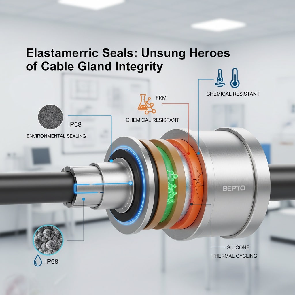 Anatomía de un prensaestopas con un diagrama de capas que muestra diferentes juntas elastoméricas, destacando la estanqueidad ambiental (IP68), la resistencia química (FKM) y la estabilidad térmica (Silicona). El fondo muestra un sutil entorno industrial.