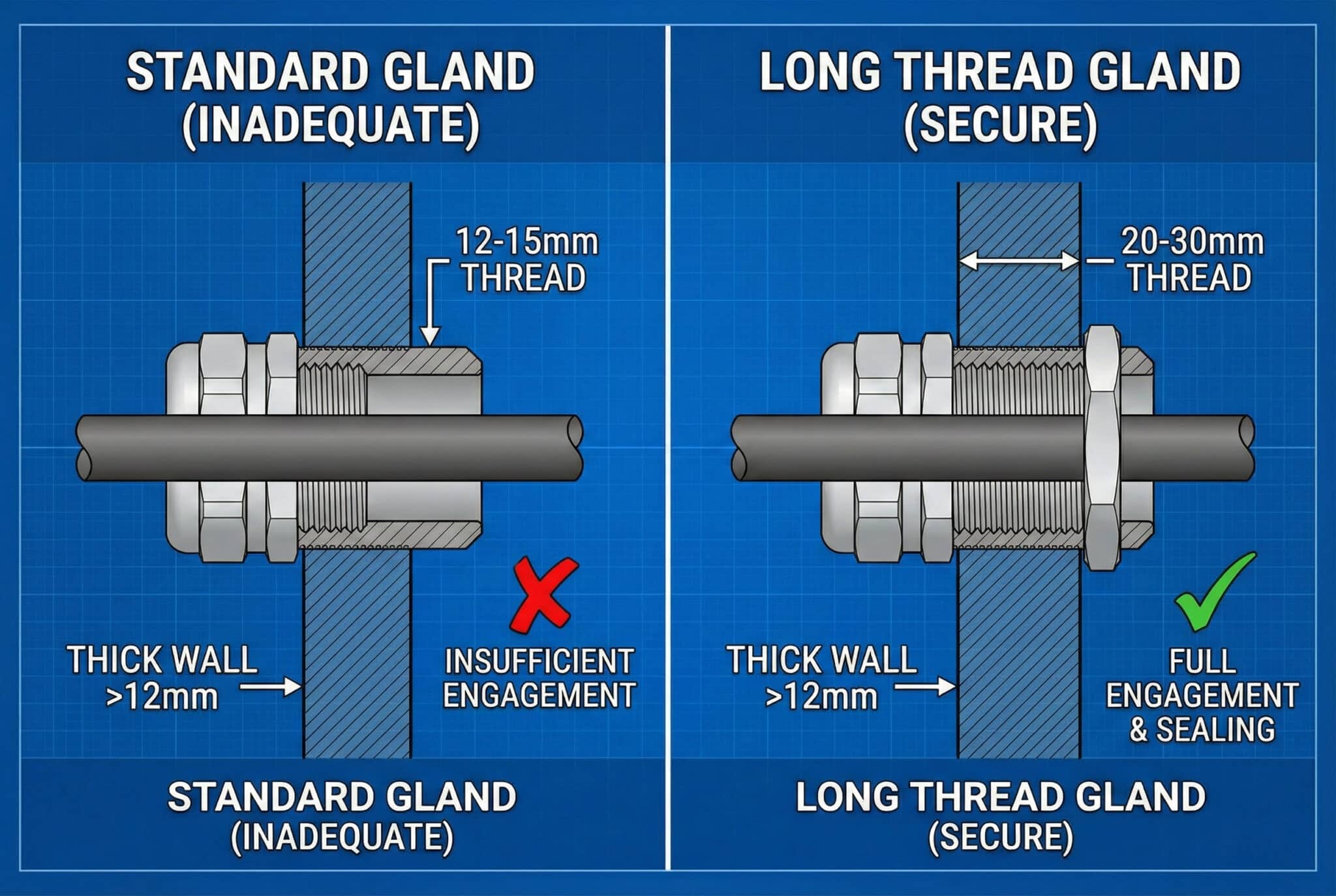 Long All Thread When To Use Long Thread Cable Glands For Thick Enclosure Walls - Bepto ...