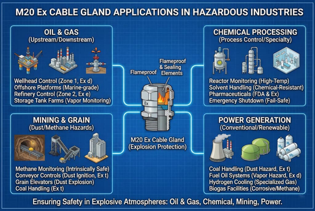 Diagram infografis teknis dengan latar belakang gambar teknis, berjudul "Aplikasi M20 Ex CABLE GLAND di Industri Berbahaya". Ilustrasi utama M20 Ex cable gland terhubung dengan garis biru ke empat panel yang menjelaskan penggunaannya dalam "Minyak & Gas" (misalnya, Pengendalian Sumur), "Pengolahan Kimia" (misalnya, Pemantauan Reaktor), "Pertambangan & Biji-bijian" (misalnya, Pemantauan Metana), dan "Pembangkit Listrik" (misalnya, Pengelolaan Batubara). Subjudul di bagian bawah berbunyi: "Menjamin Keamanan di Atmosfer Berbahaya: Minyak & Gas, Kimia, Pertambangan, Pembangkit Listrik."