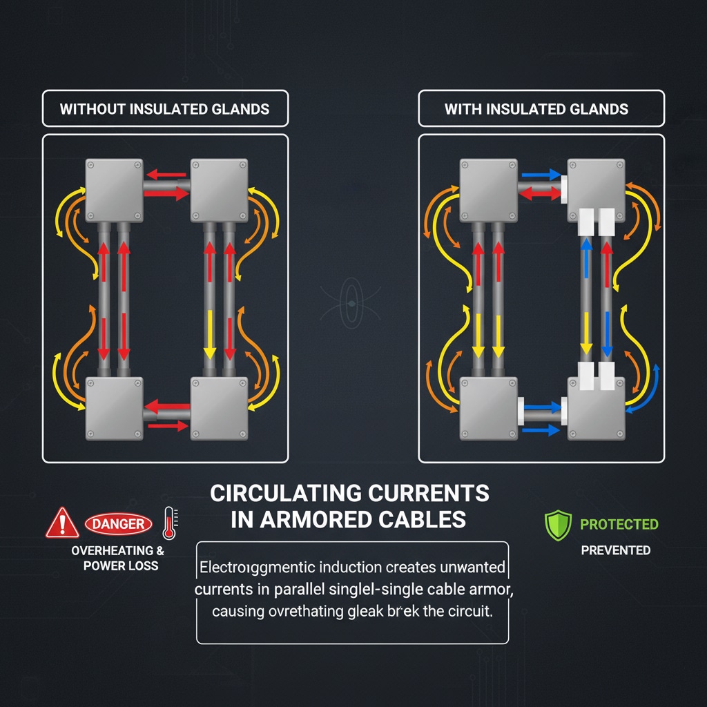 Diagramme illustrant les chemins de circulation du courant dans des câbles armés parallèles. À gauche, "SANS BANDES ISOLÉES" montre des flèches rouges et jaunes indiquant des courants circulants provoquant une surchauffe et une perte de puissance. À droite, la mention "AVEC BANDES ISOLÉES" montre des flèches bleues et blanches indiquant que les courants circulants sont protégés et empêchés. Le texte central indique "CIRCULATING CURRENTS IN ARMORED CABLES" (courants circulants dans les câbles blindés), avec une description en dessous.