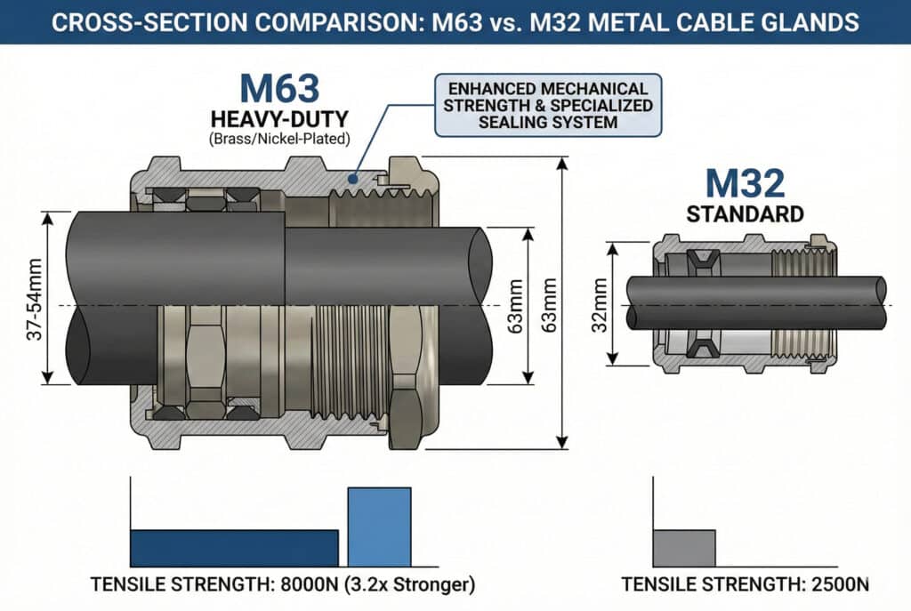 Comparación técnica transversal entre un prensaestopas metálico M63 para uso intensivo y un prensaestopas estándar M32. El M63 presenta un diámetro de rosca de 63 mm, un rango de alojamiento de cables de 37-54 mm, un sistema de sellado mejorado y una resistencia a la tracción significativamente mayor, de 8000 N, que es 3,2 veces más resistente que los 2500 N del M32.