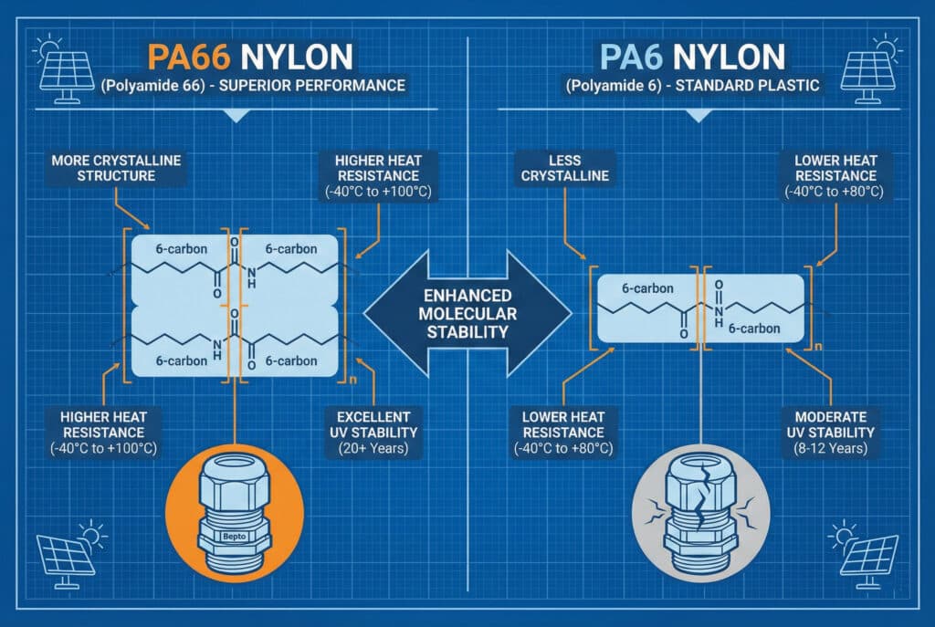 Infographie technique comparant la structure moléculaire du nylon PA66 (polyamide 66) et du nylon PA6 (polyamide 6). Le côté PA66 présente une structure plus cristalline avec deux blocs de 6 atomes de carbone, ce qui lui confère une meilleure résistance à la chaleur (-40 °C à +100 °C) et une excellente stabilité aux UV (plus de 20 ans), représentée par un presse-étoupe Bepto durable. Le côté PA6 présente une structure moins cristalline avec une résistance thermique inférieure (-40 °C à +80 °C) et une stabilité modérée aux UV, représentée par un presse-étoupe fissuré et défectueux. Une flèche centrale souligne la ' stabilité moléculaire améliorée " du PA66."