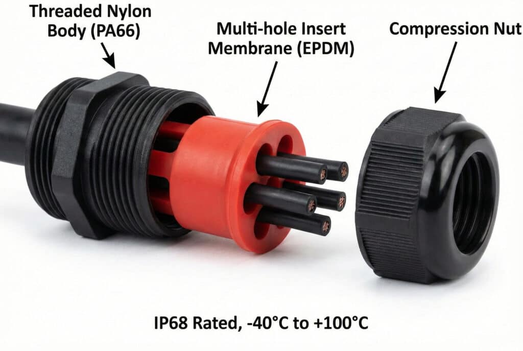 A close-up photograph showing the three main components of a disassembled multi-hole nylon cable gland. On the left is the black "Threaded Nylon Body (PA66)" with a large thread. In the center is the red "Multi-hole Insert Membrane (EPDM)" with five small black cables passing through it. On the right is the black "Compression Nut". Text at the bottom reads "IP68 Rated, -40°C to +100°C".