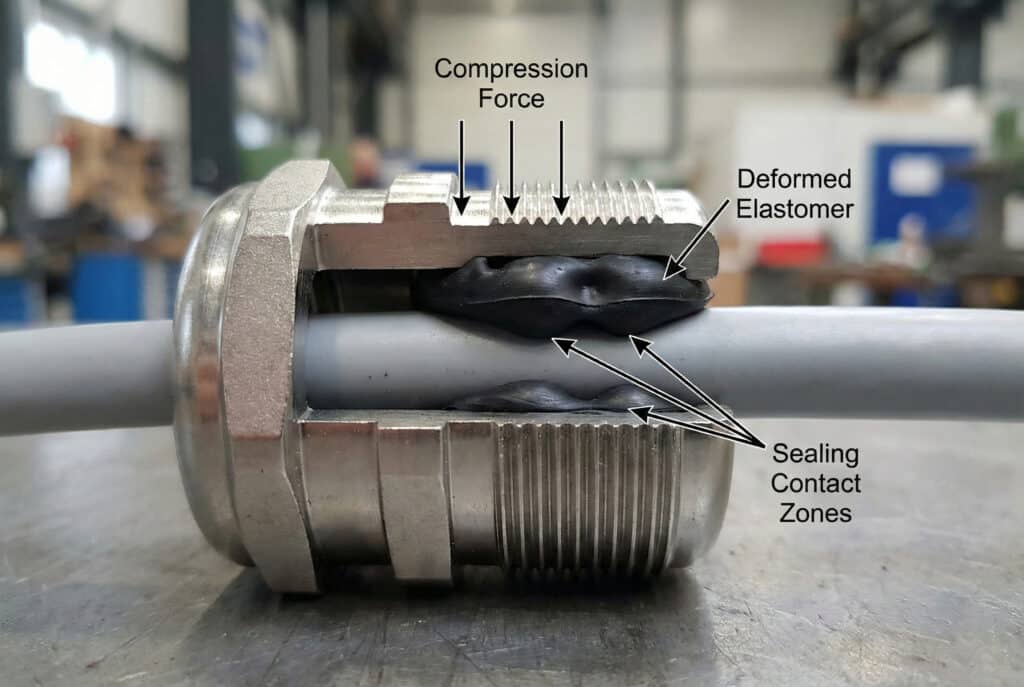 A cross-section photograph of a metal cable gland tightening around a grey cable, showing the black elastomeric seal deformed by compression to create multiple sealing contact zones.