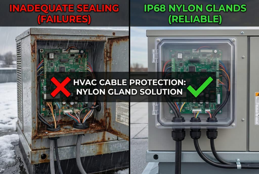 Một bức ảnh so sánh hai bảng minh họa tác động của việc bịt kín cáp đối với các thiết bị HVAC. Bảng bên trái, có chú thích "BỊT KÍN KHÔNG ĐỦ (LỖI)" kèm dấu X màu đỏ, cho thấy một bảng điều khiển bị ăn mòn và hư hỏng do nước bên trong vỏ bọc rỉ sét trên mái nhà phủ tuyết, do việc bịt kín cáp kém. Bảng bên phải, có chú thích "ỐNG NỐI CÁP NYLON IP68 (ĐÁNG TIN CẬY)" kèm dấu tích màu xanh lá cây, cho thấy một bảng điều khiển sạch sẽ, khô ráo bên trong một vỏ bọc mới với ba ống nối cáp nylon IP68 màu đen đảm bảo độ kín khít, cũng trên một mái nhà.