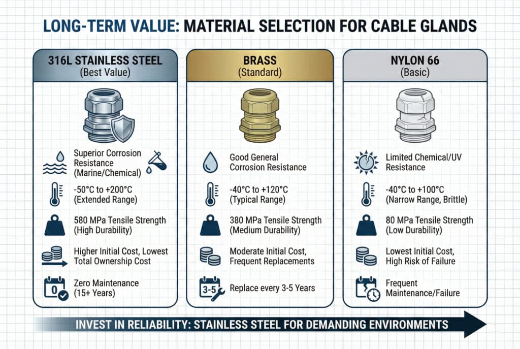 Infographie comparative intitulée " Valeur à long terme : choix des matériaux pour les presse-étoupes ". Elle compare l'acier inoxydable 316L, le laiton et le nylon 66 dans différentes catégories : résistance à la corrosion, plage de température, résistance à la traction, coût et entretien. Le tableau met en avant l'acier inoxydable 316L comme étant le " meilleur rapport qualité-prix " en raison de sa durabilité supérieure et de son absence totale d'entretien pendant plus de 15 ans, ce qui se traduit par le coût total de possession le plus bas malgré un prix initial plus élevé que celui du laiton et du nylon.