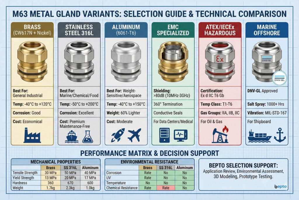 Infografía técnica comparativa titulada "VARIANTES DE GLANDES METÁLICOS M63: GUÍA DE SELECCIÓN Y COMPARACIÓN TÉCNICA". Detalla seis variantes (latón, acero inoxidable 316L, aluminio, EMC especializado, ATEX/IECEx para entornos peligrosos y marino offshore) y enumera sus mejores aplicaciones, rangos de temperatura, resistencia a la corrosión y características clave con iconos. Debajo de la comparación principal hay tablas con las propiedades mecánicas y la resistencia ambiental, junto con una sección dedicada a los servicios de asistencia para la selección de Bepto.