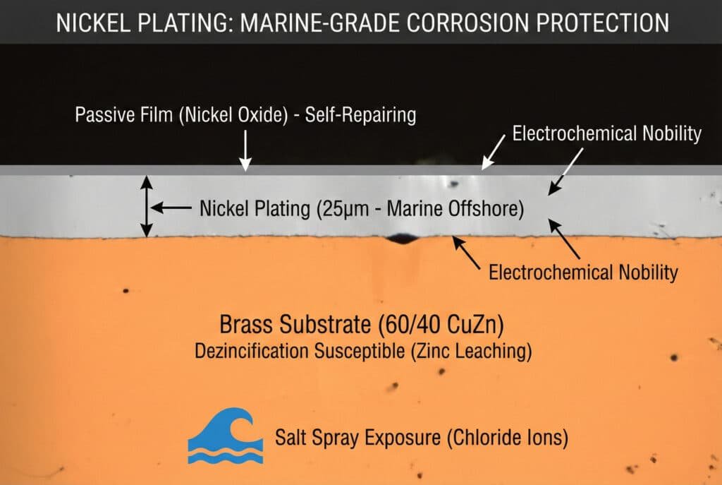 A technical cross-section diagram titled "NICKEL PLATING: MARINE-GRADE CORROSION PROTECTION" shows a thick grey layer labeled "Nickel Plating (25μm - Marine Offshore)" with "Electrochemical Nobility" over an orange brass layer labeled "Brass Substrate (60/40 CuZn)". The nickel surface has a thin line labeled "Passive Film (Nickel Oxide) - Self-Repairing". A wave icon with "Salt Spray Exposure (Chloride Ions)" is at the bottom, indicating the protective barrier function of the nickel against dezincification.