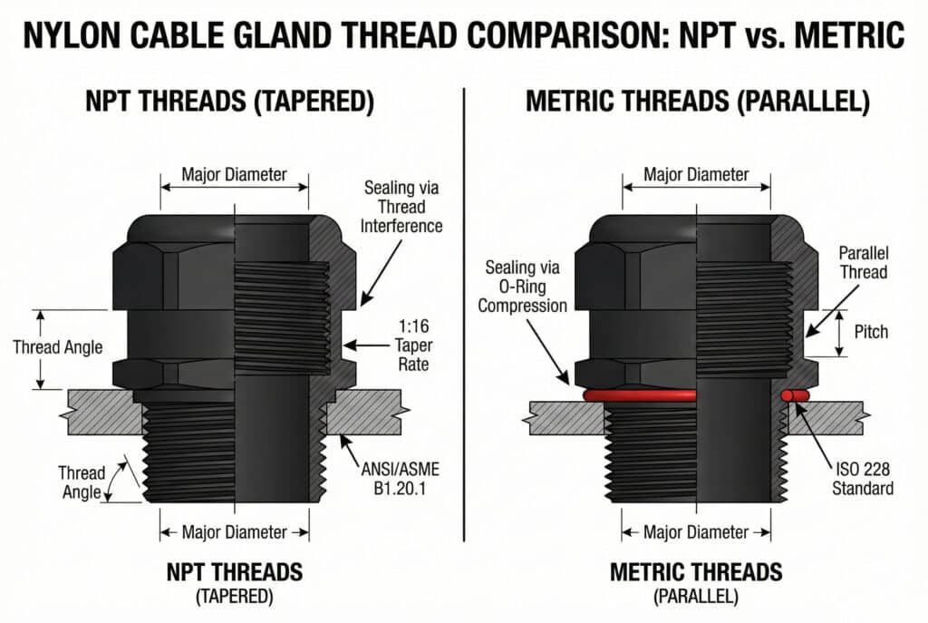 A technical cross-section diagram comparing nylon cable glands with NPT and Metric threads. The left side shows a cable gland with tapered NPT threads sealing via thread interference, with callouts for the 1:16 taper rate, 60-degree thread angle, and ANSI/ASME B1.20.1 standard. The right side shows a cable gland with parallel Metric threads sealing via an O-ring compression, with callouts for the parallel thread, pitch, ISO 228 standard, and the O-ring. Both diagrams include dimensional lines for the major diameter.