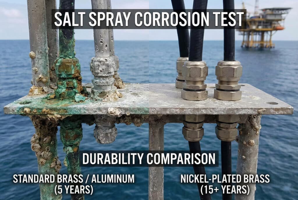 A split-view photo showing a salt spray corrosion test on an offshore platform. On the left, standard brass and aluminum components after 5 years are heavily corroded with green verdigris and pitting. On the right, nickel-plated brass cable glands remain intact after 15+ years, showing superior resistance to the harsh marine environment with only minor salt residue. Text overlays confirm the test parameters and the durability difference.