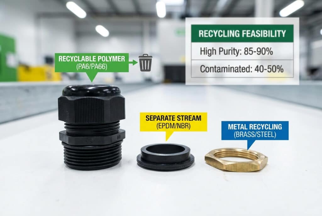 A photograph showing the disassembled components of a nylon cable gland on a white surface in a recycling facility. A label points to the black nylon body as "RECYCLABLE POLYMER (PA6/PA66)" and a bin icon. Another label points to the black rubber seal as "SEPARATE STREAM (EPDM/NBR)". A third label points to the brass lock nut as "METAL RECYCLING (BRASS/STEEL)". A chart titled "RECYCLING FEASIBILITY" in the upper right shows "High Purity: 85-90%" and "Contaminated: 40-50%".