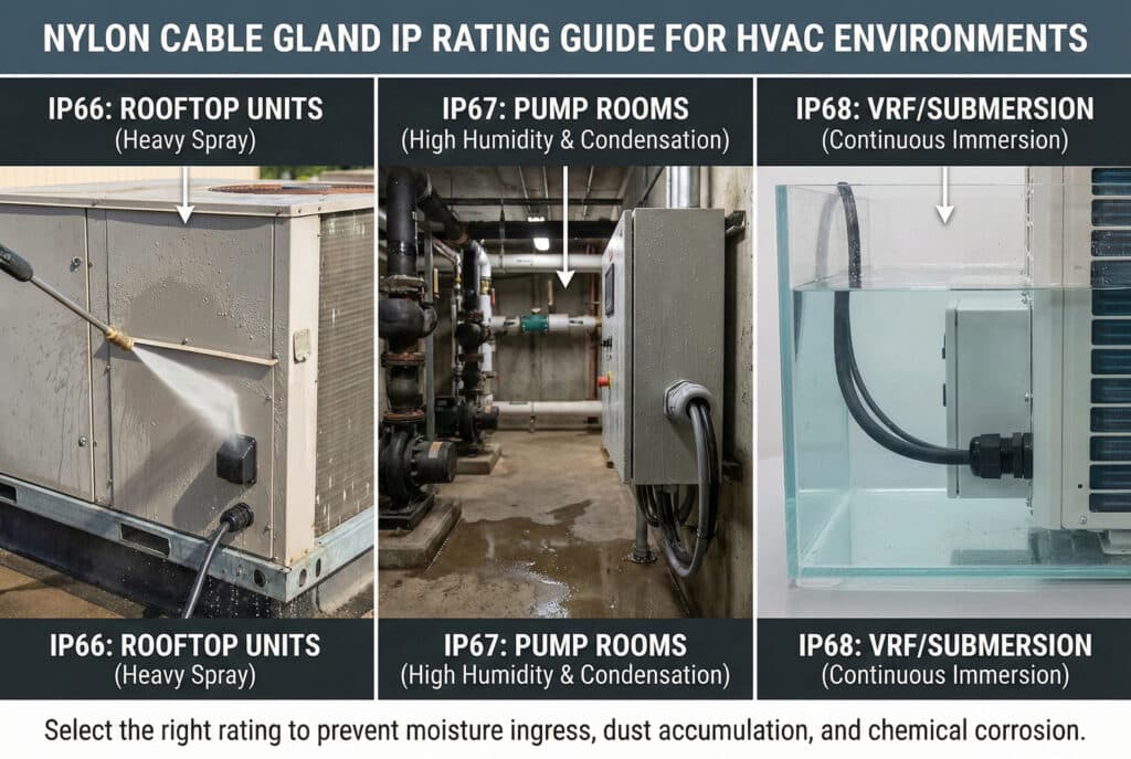 Hướng dẫn dưới dạng infographic minh họa các cấp độ bảo vệ IP phù hợp của ống nối cáp nylon cho các môi trường HVAC cụ thể nhằm ngăn chặn sự xâm nhập của độ ẩm và sự ăn mòn. Ba hình minh họa lần lượt thể hiện ống nối cáp IP66 trên một thiết bị lắp đặt trên mái nhà đang được rửa bằng máy phun áp lực, ống nối cáp IP67 trong phòng bơm ẩm ướt có hiện tượng ngưng tụ, và ống nối cáp IP68 bảo vệ thiết bị bị ngập nước.