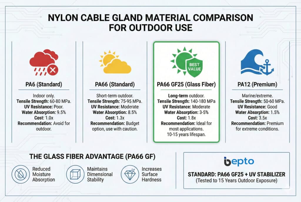 Infographic comparing nylon cable gland materials for outdoor use. Four panels contrast PA6 (Standard), PA66 (Standard), PA66 GF25 (Glass Fiber), and PA12 (Premium) across key properties: tensile strength, UV resistance, water absorption, cost, and recommendation. A green-outlined section highlights PA66 GF25 as the "Best Value" for long-term outdoor use. A bottom section details "The Glass Fiber Advantage" and states Bepto's standard is PA66 GF25 with UV stabilizer, tested for 15 years of outdoor exposure.