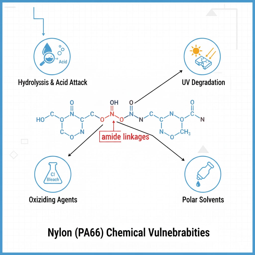 A scientific diagram showing the molecular structure of Nylon (PA66) with its central "amide linkages" highlighted. Four arrows point from these linkages to circular icons representing chemical vulnerabilities: Hydrolysis & Acid Attack, UV Degradation, Oxidizing Agents (Bleach), and Polar Solvents. The overall title is "Nylon (PA66) Chemical Vulnerabilities."