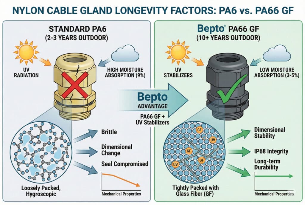 A technical infographic comparing the longevity factors of nylon cable glands. The left panel shows "Standard PA6" failing after 2-3 years outdoors due to UV radiation and high moisture absorption (9%), resulting in a cracked, brittle gland with compromised seals. The right panel highlights "Bepto PA66 GF" lasting over 10 years, using UV stabilizers and glass fiber reinforcement to achieve low moisture absorption (3-5%), superior dimensional stability, and long-term durability.