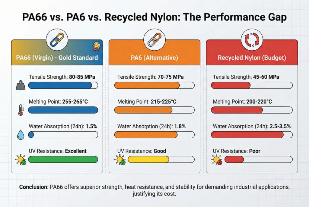 A comparative infographic chart titled "PA66 vs. PA6 vs. Recycled Nylon: The Performance Gap". Three columns with distinct headers are shown. The left column, "PA66 (Virgin) - Gold Standard", has a blue header and a chain link icon with a gold medal. It shows data bars for "Tensile Strength: 80-85 MPa" (long blue bar), "Melting Point: 255-265°C" (long blue bar), "Water Absorption (24h): 1.5%" (short blue bar), and "UV Resistance: Excellent" (full green bar with a sun icon and checkmark). The middle column, "PA6 (Alternative)", has an orange header and a chain link icon. It shows data bars for "Tensile Strength: 70-75 MPa" (shorter orange bar), "Melting Point: 215-225°C" (shorter orange bar), "Water Absorption (24h): 1.8%" (longer orange bar), and "UV Resistance: Good" (partial yellow bar with a sun icon and checkmark). The right column, "Recycled Nylon (Budget)", has a red header and a recycling icon. It shows data bars for "Tensile Strength: 45-60 MPa" (shortest red bar), "Melting Point: 200-220°C" (shortest red bar), "Water Absorption (24h): 2.5-3.5%" (longest red bar), and "UV Resistance: Poor" (short red bar with a sun icon and cross mark). Below the columns, a concluding statement reads: "Conclusion: PA66 offers superior strength, heat resistance, and stability for demanding industrial applications, justifying its cost."
