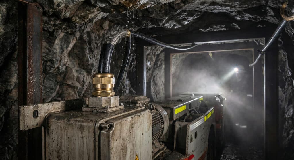 A close-up photograph inside a wet, rugged underground mine tunnel, showing water dripping onto a durable brass cable gland terminating an armored cable into a junction box on mining machinery. The atmosphere is dark, dusty, and harsh, with a miner's headlamp visible in the background.