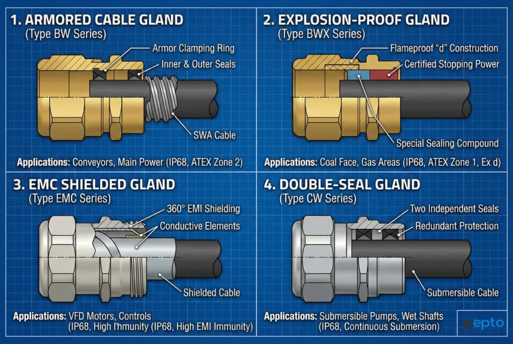 A technical comparison infographic with cross-section diagrams of four different Bepto cable gland types on a blueprint background. Top left: "1. ARMORED CABLE GLAND (Type BW Series)" with features "Armor Clamping Ring," "Inner & Outer Seals," and "SWA Cable" for applications like "Conveyors, Main Power." Top right: "2. EXPLOSION-PROOF GLAND (Type BWX Series)" with features "Flameproof 'd' Construction," "Certified Stopping Power," and "Special Sealing Compound" for "Coal Face, Gas Areas." Bottom left: "3. EMC SHIELDED GLAND (Type EMC Series)" with features "360° EMI Shielding," "Conductive Elements," and "Shielded Cable" for "VFD Motors, Controls." Bottom right: "4. DOUBLE-SEAL GLAND (Type CW Series)" with features "Two Independent Seals," "Redundant Protection," and "Submersible Cable" for "Submersible Pumps, Wet Shafts." The Bepto logo is in the corner.