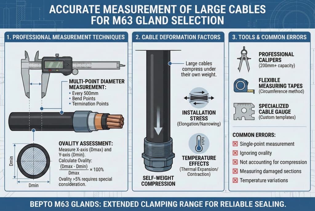 Infografía técnica titulada "MEDICIÓN PRECISA DE CABLES GRANDES PARA LA SELECCIÓN DE PRENSACABLES M63". El primer panel, "TÉCNICAS DE MEDICIÓN PROFESIONALES", muestra un calibre digital midiendo un cable grande con llamadas para la medición del diámetro en múltiples puntos y un diagrama de sección transversal que explica la evaluación de la ovalidad (Dmax frente a Dmin). El segundo panel, "FACTORES DE DEFORMACIÓN DEL CABLE", ilustra la compresión por el propio peso sobre un cable vertical, junto con iconos que representan la tensión de instalación y los efectos de la temperatura. El tercer panel, "HERRAMIENTAS Y ERRORES COMUNES", muestra iconos de calibres profesionales, cintas métricas flexibles y medidores de cables especializados, sobre una lista de errores comunes marcados con X rojas, como "Medición de un solo punto" e "Ignorar la ovalidad". En el pie de página aparece el siguiente banner: "PRENSABAJOS BEPTO M63: RANGO DE SUJECIÓN AMPLIADO PARA UN SELLADO FIABLE". El fondo es de color azul, al estilo de un plano técnico.