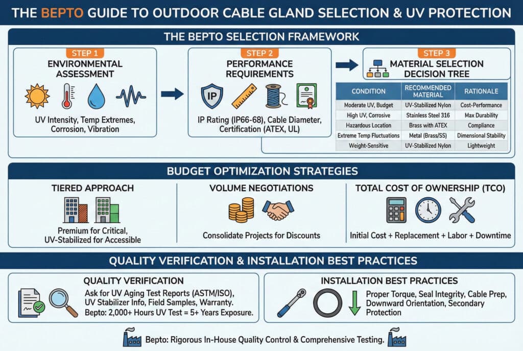 An infographic titled "The Bepto Guide to Outdoor Cable Gland Selection & UV Protection". It details a three-step selection framework, a material selection decision tree, budget optimization strategies including a tiered approach and volume negotiations, and quality verification/installation best practices, all with accompanying icons and text.