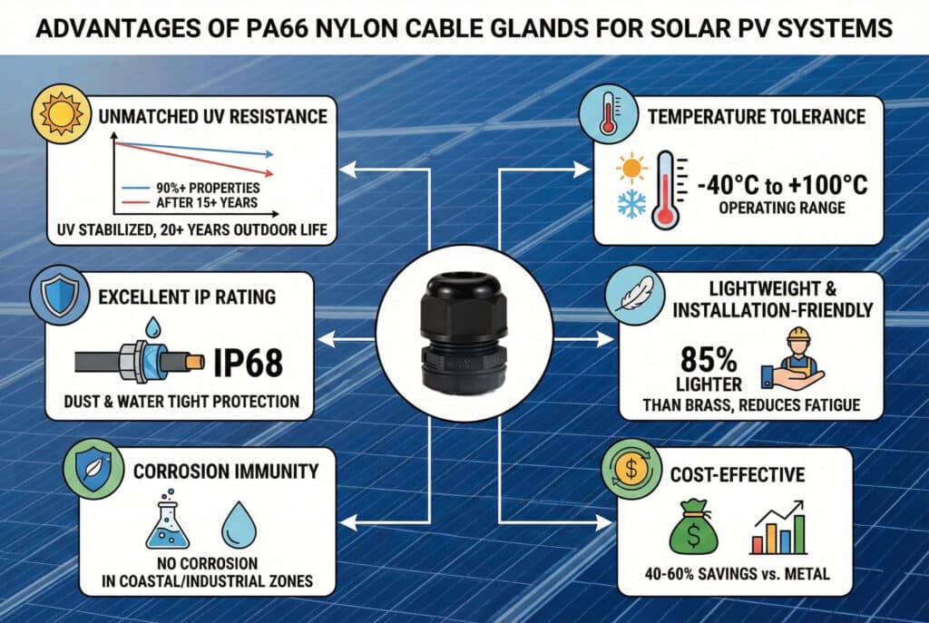 Une infographie technique détaillant six avantages clés des presse-étoupes en nylon PA66 pour les systèmes photovoltaïques solaires, sur fond de panneaux solaires. Un presse-étoupe PA66 central est entouré de panneaux illustrant ses caractéristiques : "Résistance inégalée aux UV " (plus de 20 ans), " Tolérance à la température " (-40 °C à +100 °C), " Léger et facile à installer " (85% plus léger que le laiton), " Économique " (40-60% d'économies), " Immunité à la corrosion " et " Excellente classification IP68 ".»