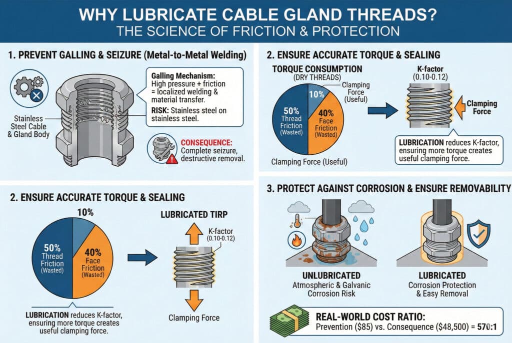 A technical infographic titled "WHY LUBRICATE CABLE GLAND THREADS? THE SCIENCE OF FRICTION & PROTECTION". It is divided into three sections: "1. PREVENT GALLING & SEIZURE" with a diagram of a damaged thread and a text box explaining the galling mechanism and risks; "2. ENSURE ACCURATE TORQUE & SEALING" with a pie chart showing torque consumption for dry threads (50% friction, 10% clamping) versus a diagram of a lubricated thread with improved clamping force; and "3. PROTECT AGAINST CORROSION & ENSURE REMOVABILITY" comparing unlubricated and lubricated cable glands in weather. A "REAL-WORLD COST RATIO" of 570:1 is highlighted at the bottom.