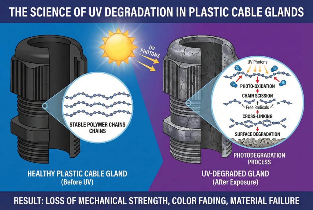 A technical infographic titled "The Science of UV Degradation in Plastic Cable Glands." The left side shows a "Healthy Plastic Cable Gland (Before UV)" with a magnified view of "Stable Polymer Chains." A sun icon labeled "UV Photons" directs light to the right side, which shows a cracked "UV-Degraded Gland (After Exposure)." A magnified inset on the right details the "Photodegradation Process," illustrating "Photo-Oxidation," "Chain Scission," and "Cross-Linking" leading to "Surface Degradation." Text at the bottom reads: "Result: Loss of Mechanical Strength, Color Fading, Material Failure."