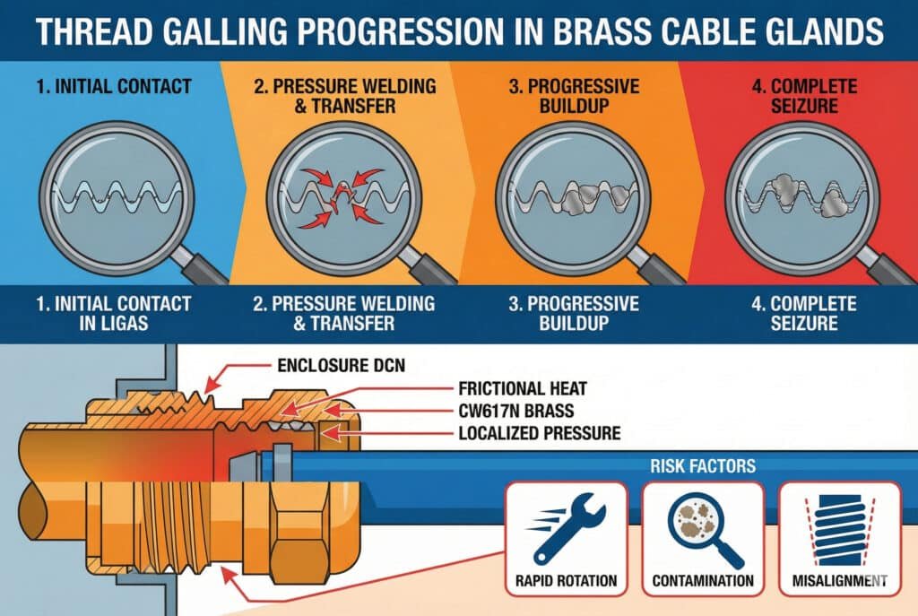 رسم بياني تقني يوضح بالتفصيل مراحل التآكل الرباعية للخيوط في صمامات الكابلات النحاسية، من مرحلة التلامس الأولي إلى التلف الكامل، باستخدام صور مكبرة لأضرار الخيوط. ويتضمن مقطعًا عرضيًا يوضح الحرارة الناتجة عن الاحتكاك والضغط الموضعي على الخيوط النحاسية CW617N، ويحدد الدوران السريع والتلوث وعدم المحاذاة كعوامل خطر رئيسية.