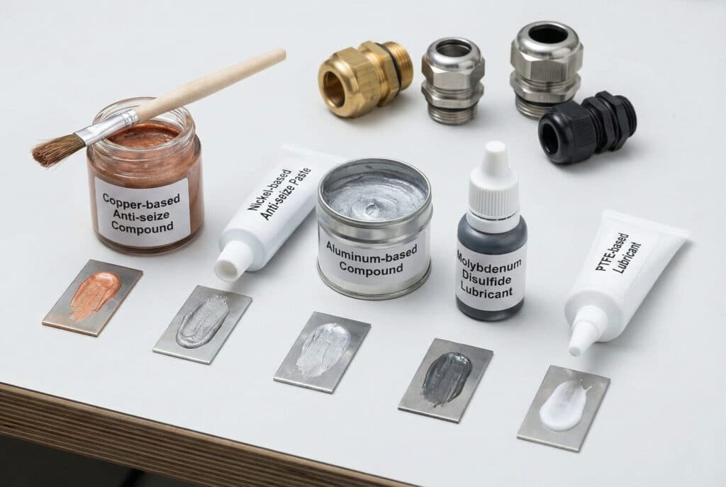 A flat lay photograph on a clean workbench showing five labeled containers of thread lubricants: Copper-based Anti-seize, Nickel-based Anti-seize, Aluminum-based Compound, Molybdenum Disulfide Lubricant, and PTFE-based Lubricant. Each is accompanied by a metal plate with a smear of the product, demonstrating its color and texture. In the background, several brass, stainless steel, and plastic cable glands are arranged.