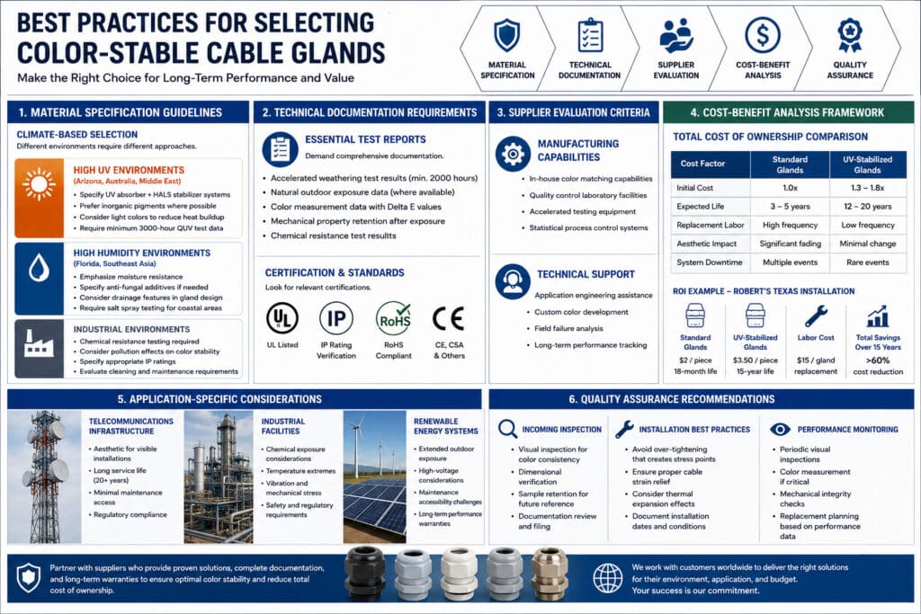 Infográfico com matriz de decisão para a seleção de prensa-cabos com estabilidade de cor, mostrando especificações de materiais com base no clima, documentação de testes, avaliação de fornecedores, comparação de custo-benefício e etapas de garantia de qualidade para desempenho externo de longo prazo.