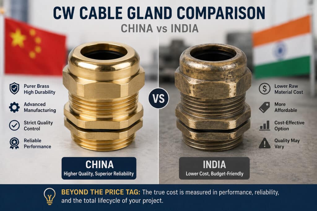 Side-by-side comparison of CW cable glands showing a polished Chinese brass gland focused on durability and strict quality control versus a lower-cost Indian option, helping buyers understand price, material quality, and lifecycle reliability differences.