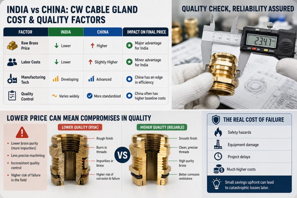 CW cable gland cost and quality comparison showing how lower brass prices may reduce upfront cost while brass purity, machining precision, and quality control affect corrosion resistance, safety, and long-term project reliability.