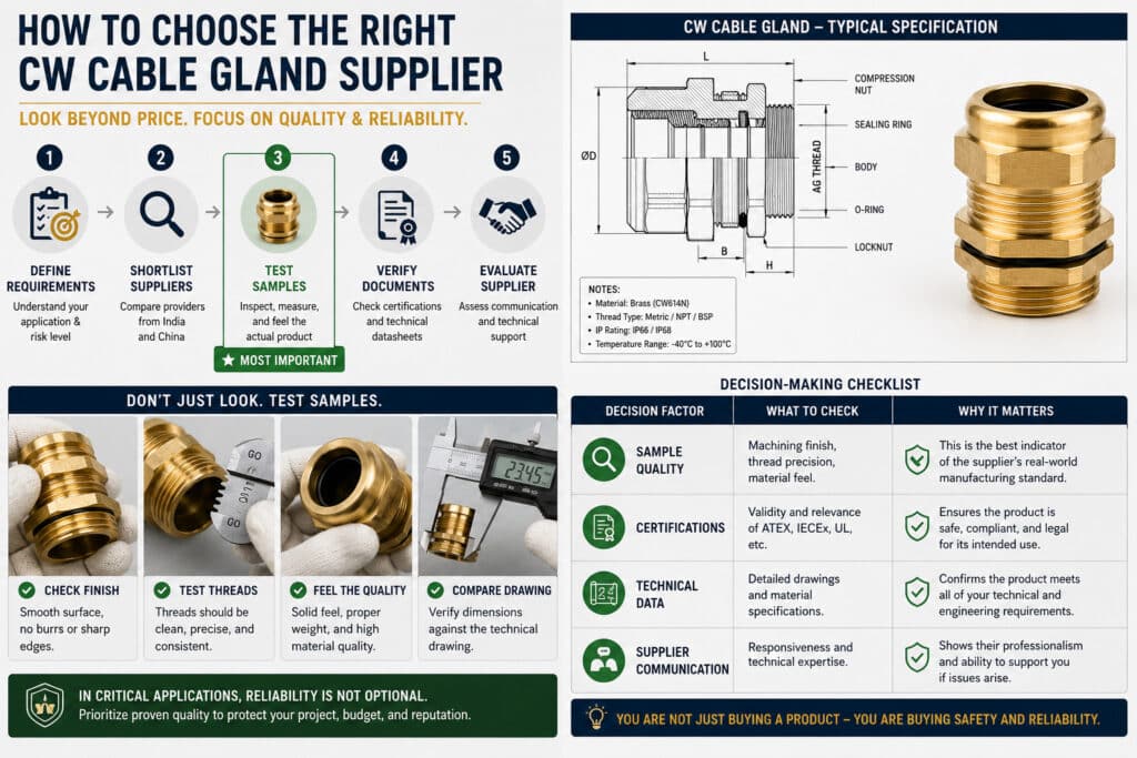 Decision-making infographic for choosing a CW cable gland supplier, showing the importance of testing physical samples, checking machining quality, verifying certificates, comparing technical drawings, and prioritizing reliability over the lowest price.